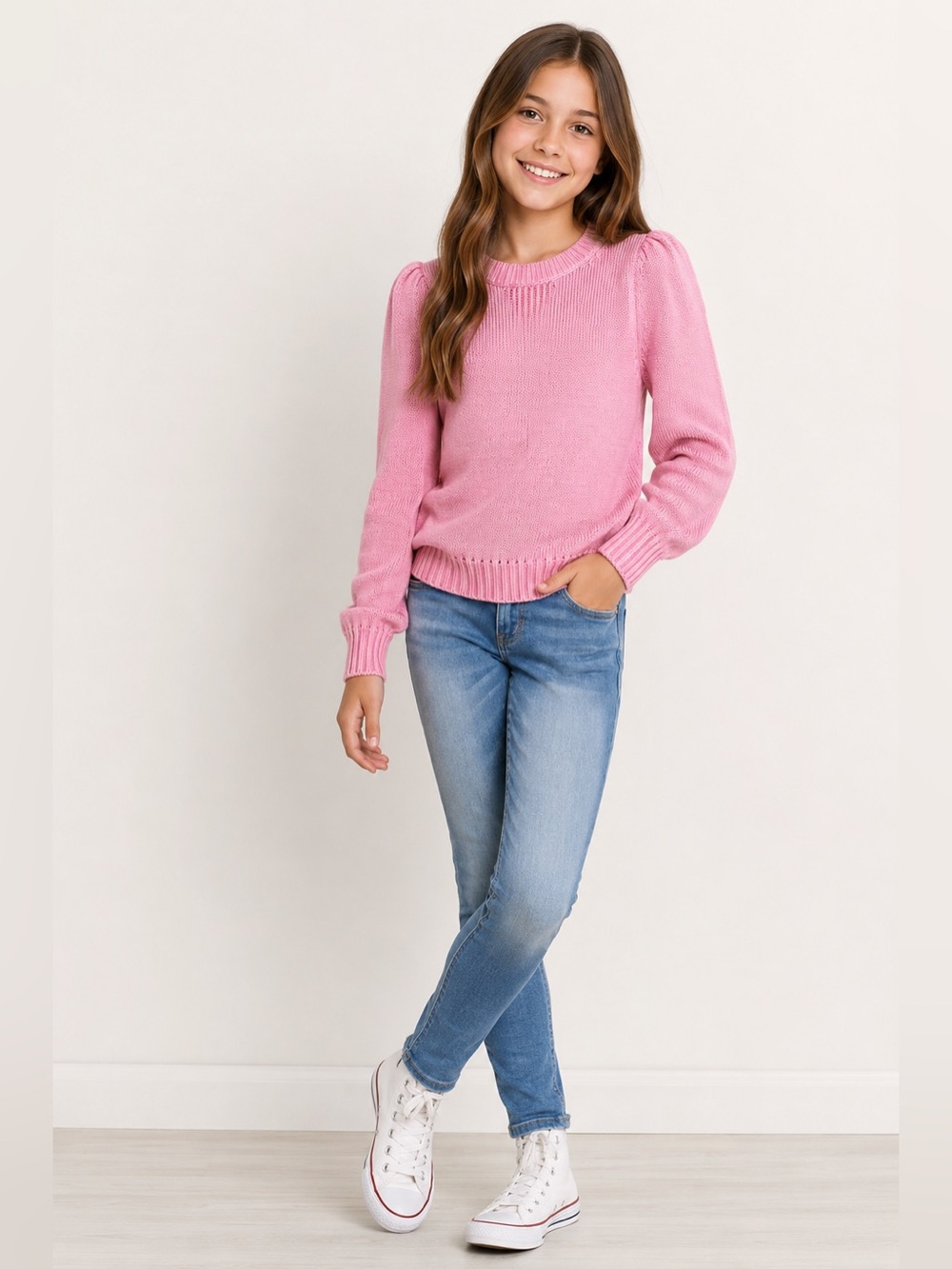 ✨ NWT Scoop Girls Pink 100% Cotton Puff Sleeve Knit Sweater Size L (12-14)